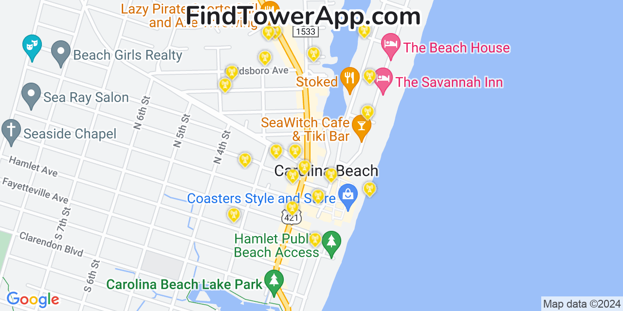 AT&T 4G/5G cell tower coverage map Carolina Beach, North Carolina