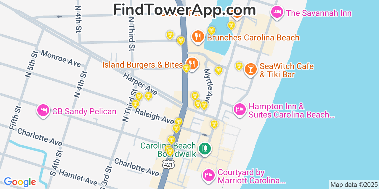 Map showing the 20 primary cell tower locations detected in Carolina Beach, North Carolina from AT&T, Verizon, and T-Mobile networks