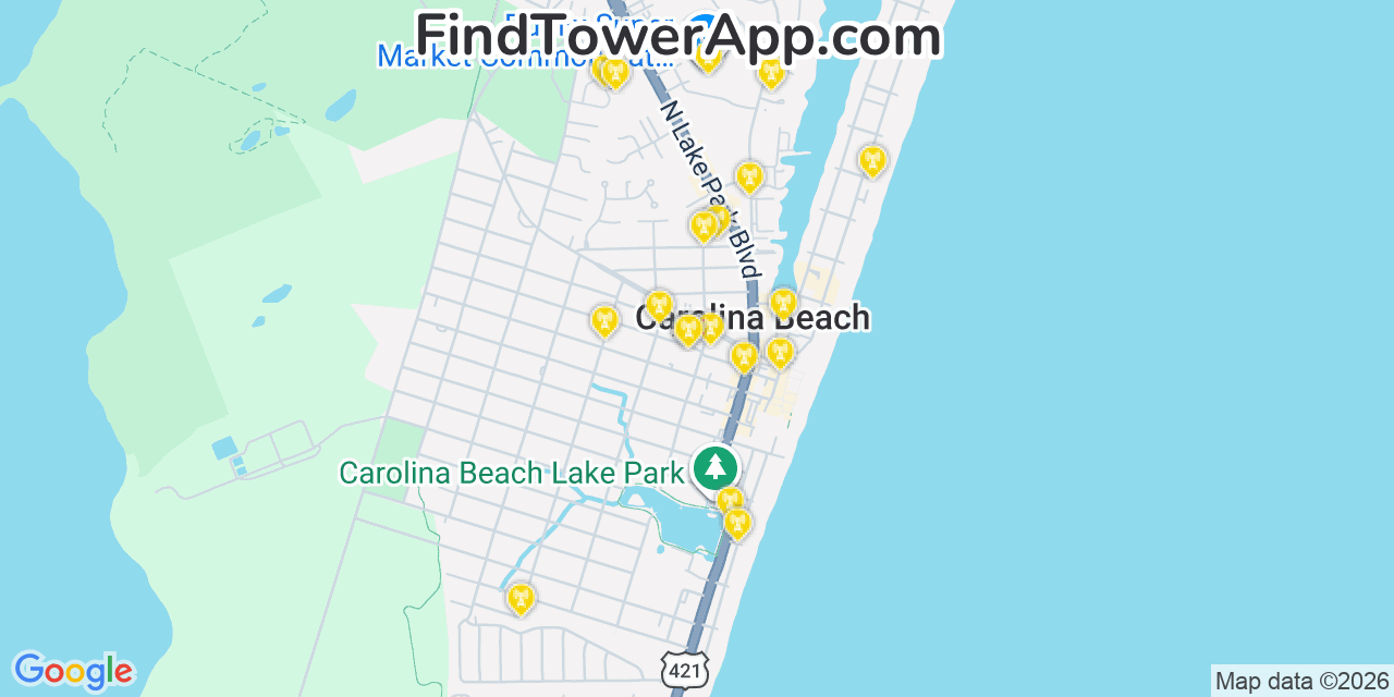 Map showing the 20 primary cell tower locations detected in Carolina Beach, North Carolina from AT&T, Verizon, and T-Mobile networks