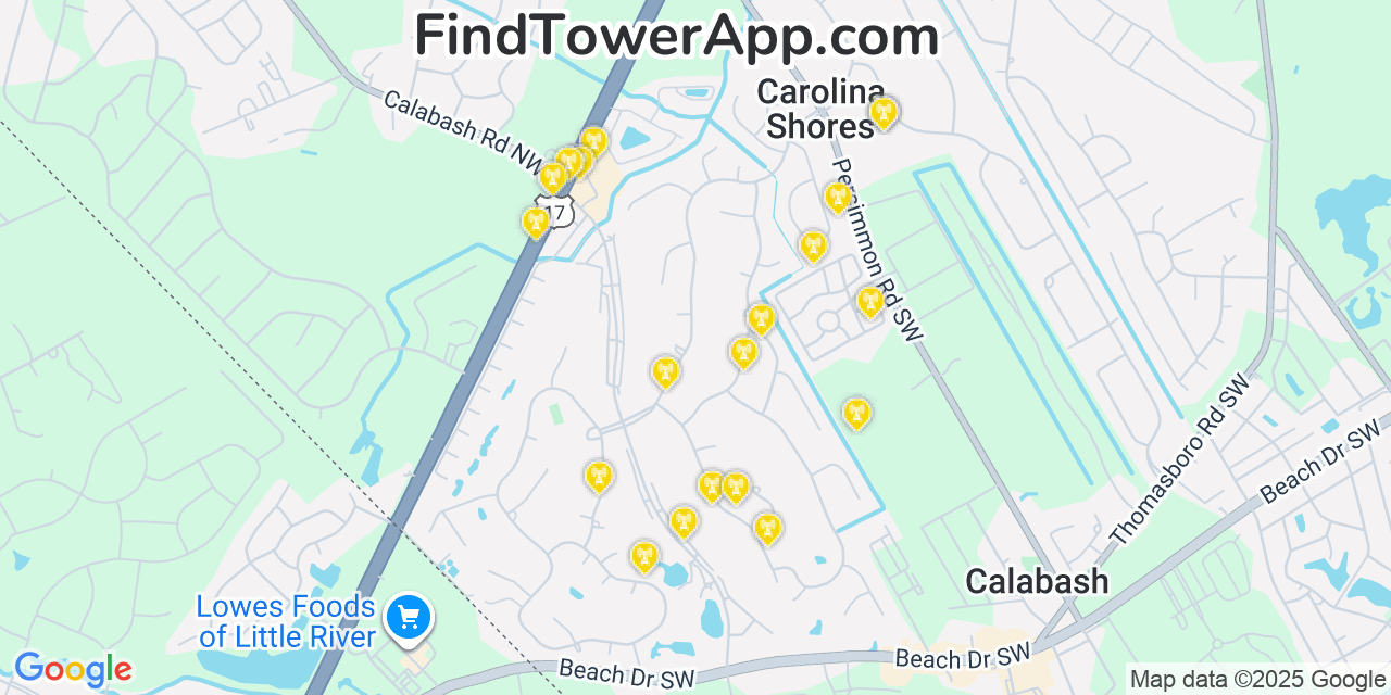 Map showing the 20 primary cell tower locations detected in Carolina Shores, North Carolina from AT&T, Verizon, and T-Mobile networks