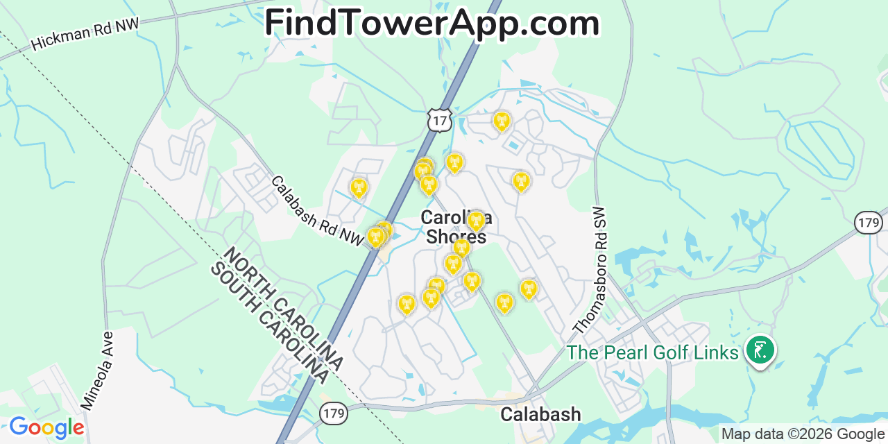 Map showing the 20 primary cell tower locations detected in Carolina Shores, North Carolina from AT&T, Verizon, and T-Mobile networks