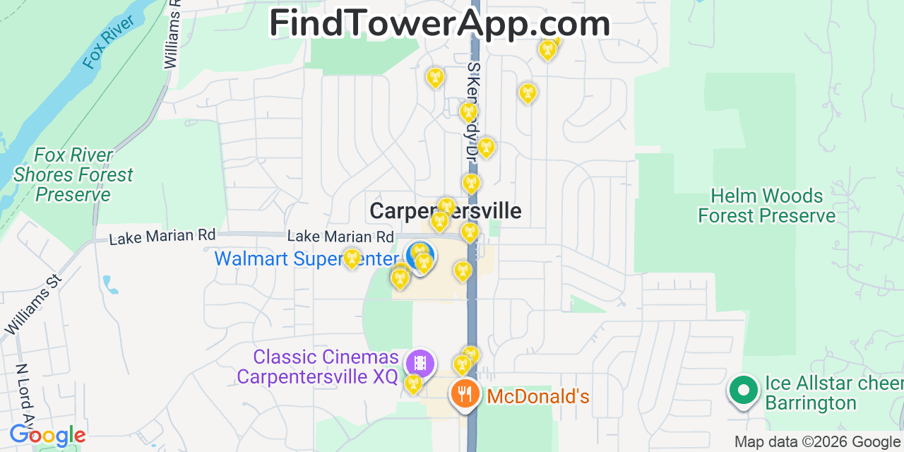 Map showing the 20 primary cell tower locations detected in Carpentersville, Illinois from AT&T, Verizon, and T-Mobile networks