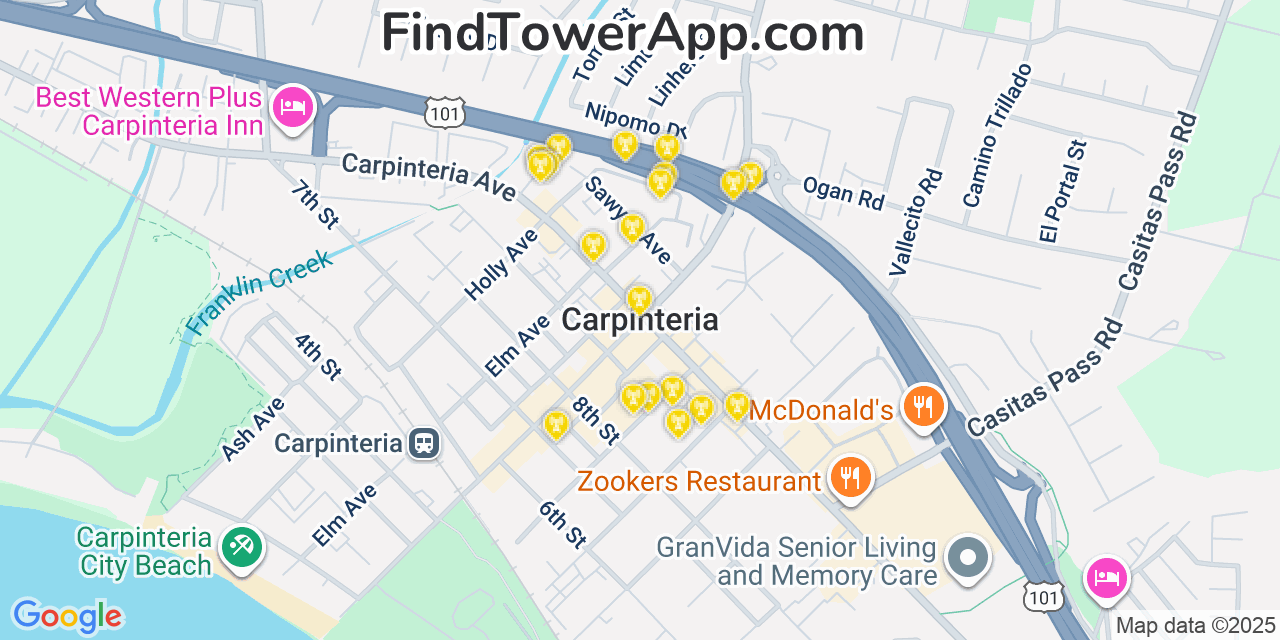 Map showing the 20 primary cell tower locations detected in Carpinteria, California from AT&T, Verizon, and T-Mobile networks