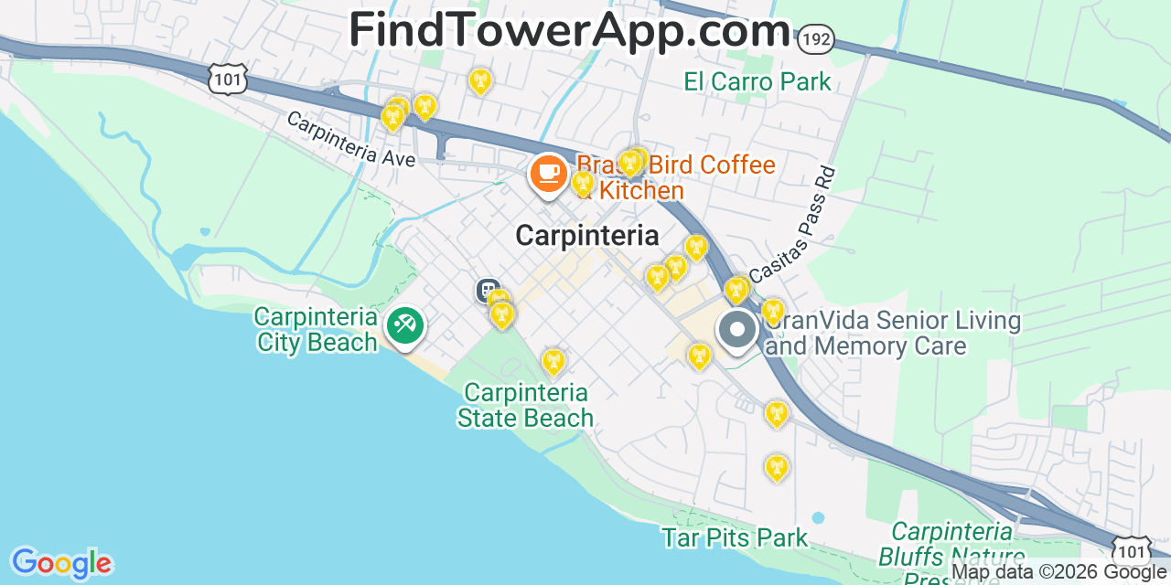 Map showing the 20 primary cell tower locations detected in Carpinteria, California from AT&T, Verizon, and T-Mobile networks