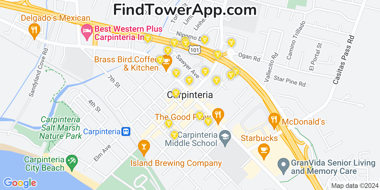 Verizon 4G/5G cell tower coverage map Carpinteria, California