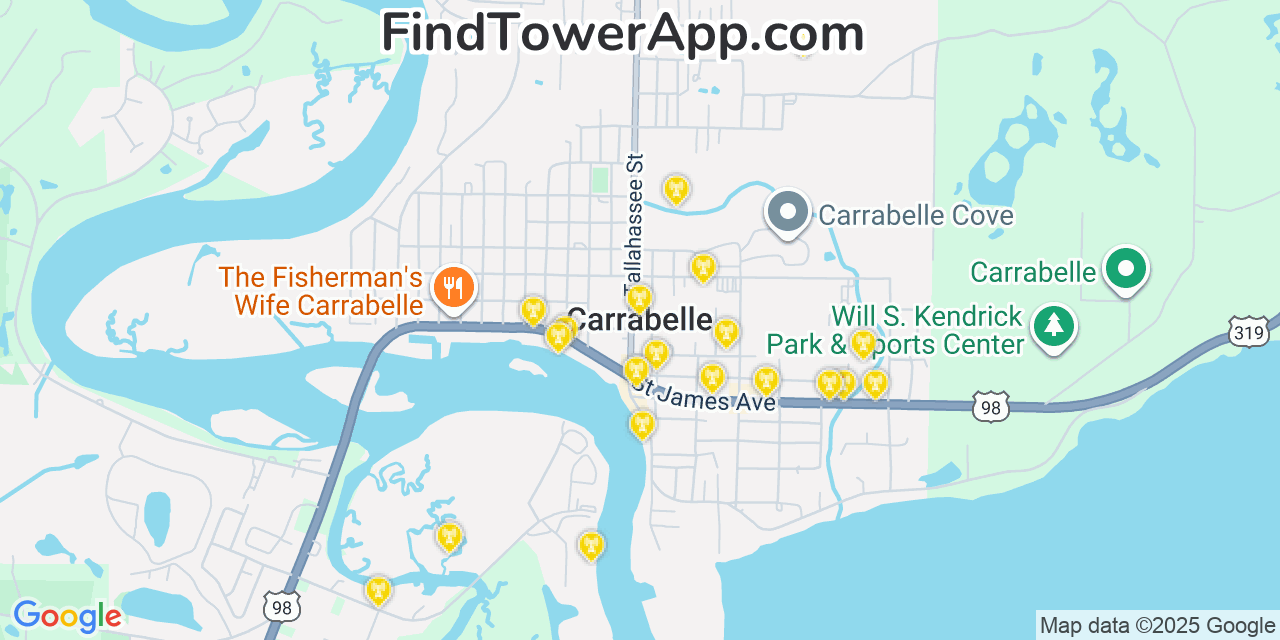 Map showing the 20 primary cell tower locations detected in Carrabelle, Florida from AT&T, Verizon, and T-Mobile networks