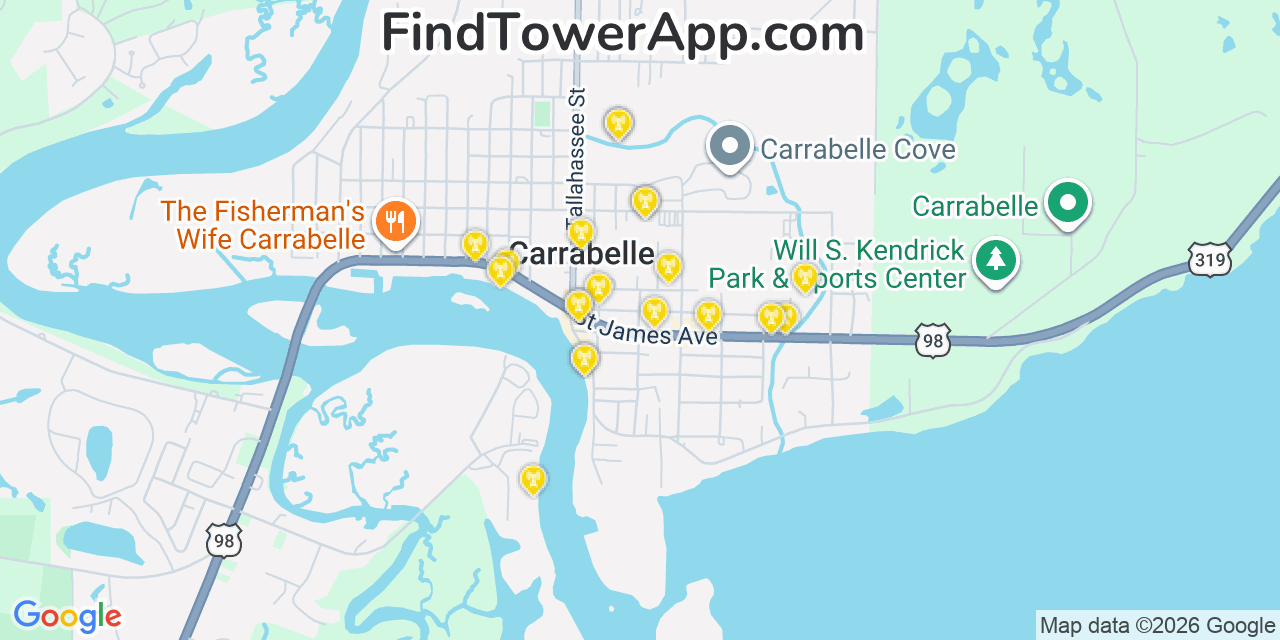 Map showing the 20 primary cell tower locations detected in Carrabelle, Florida from AT&T, Verizon, and T-Mobile networks