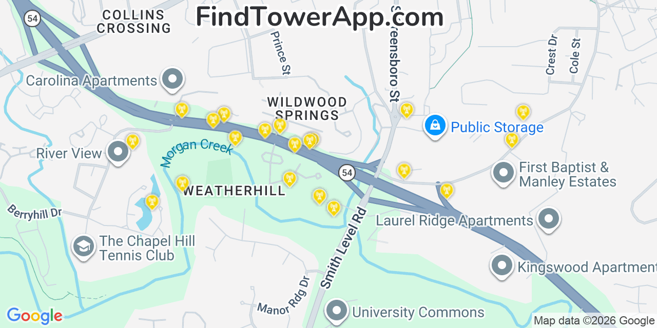 Map showing the 20 primary cell tower locations detected in Carrboro, North Carolina from AT&T, Verizon, and T-Mobile networks