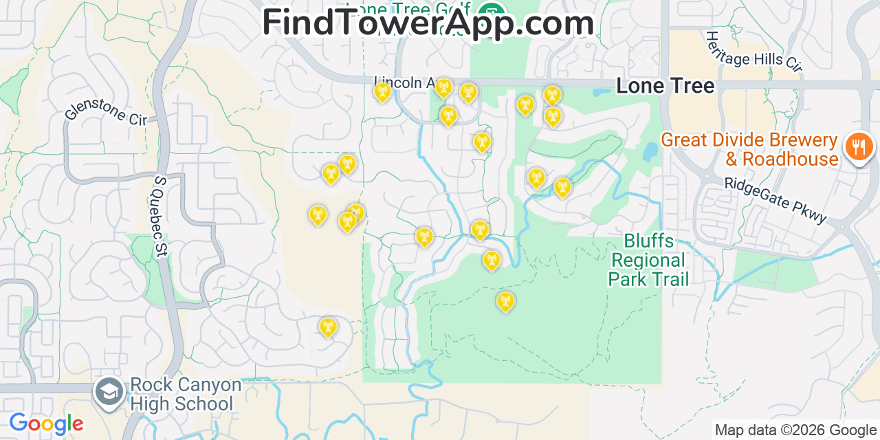 Map showing the 20 primary cell tower locations detected in Carriage Club, Colorado from AT&T, Verizon, and T-Mobile networks
