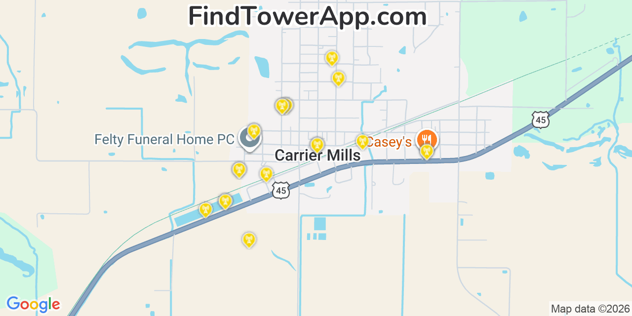 Map showing the 20 primary cell tower locations detected in Carrier Mills, Illinois from AT&T, Verizon, and T-Mobile networks
