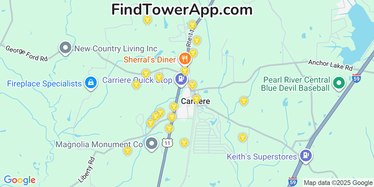 Map showing the 20 primary cell tower locations detected in Carriere, Mississippi from AT&T, Verizon, and T-Mobile networks
