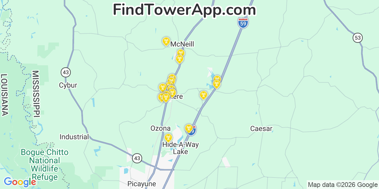 Map showing the 20 primary cell tower locations detected in Carriere, Mississippi from AT&T, Verizon, and T-Mobile networks