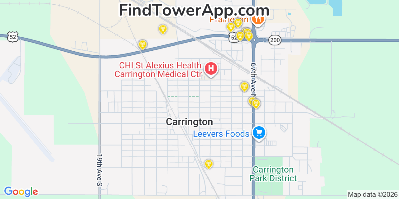 Map showing the 20 primary cell tower locations detected in Carrington, North Dakota from AT&T, Verizon, and T-Mobile networks