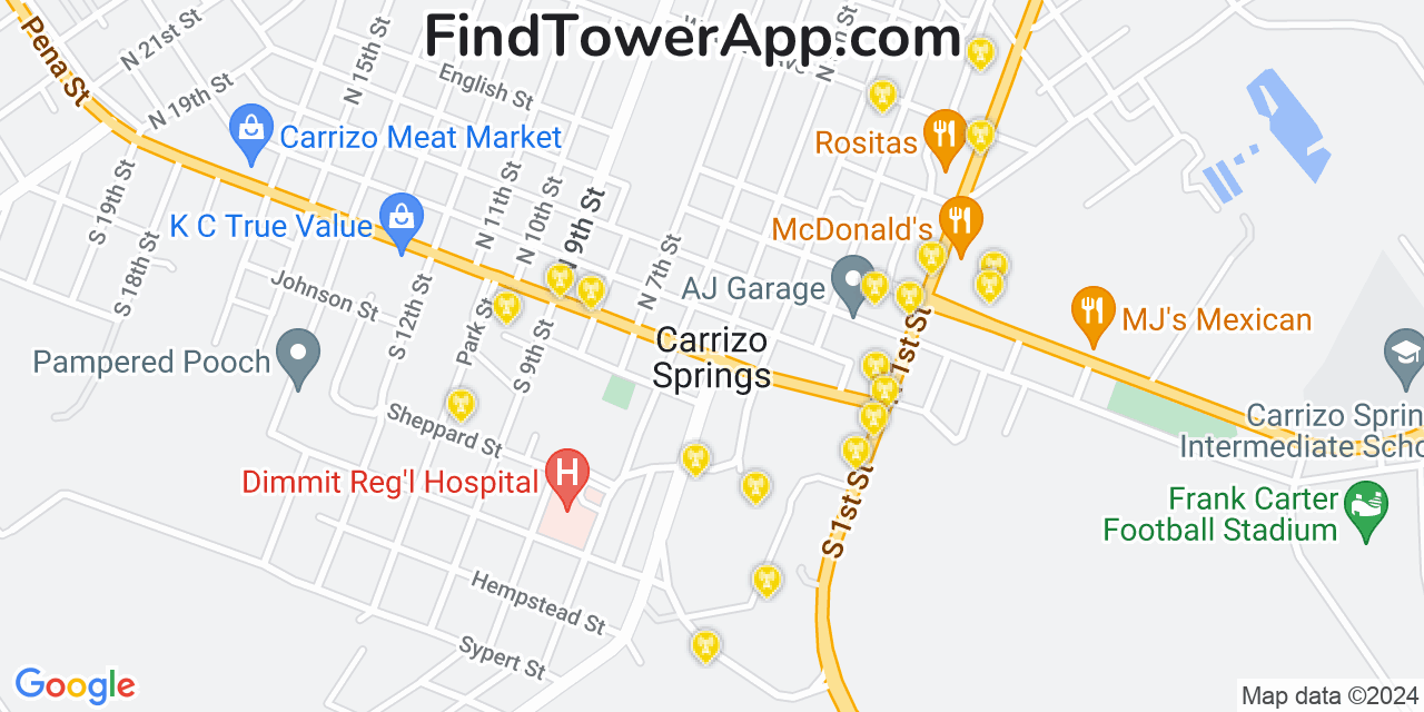 AT&T 4G/5G cell tower coverage map Carrizo Springs, Texas