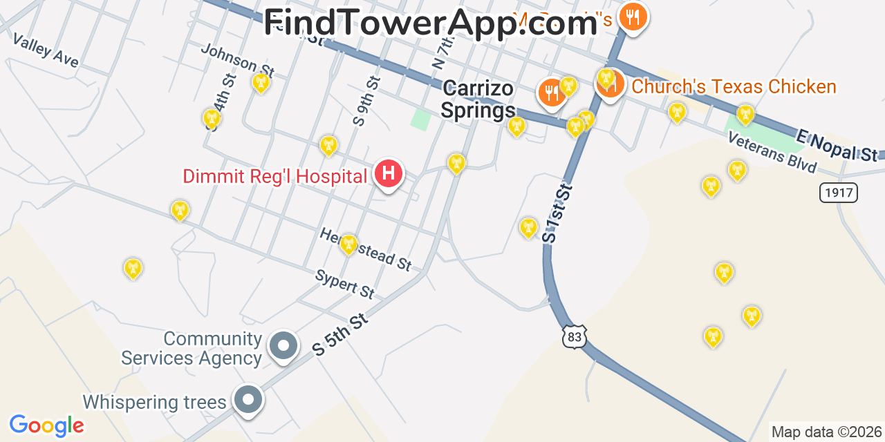 Map showing the 20 primary cell tower locations detected in Carrizo Springs, Texas from AT&T, Verizon, and T-Mobile networks