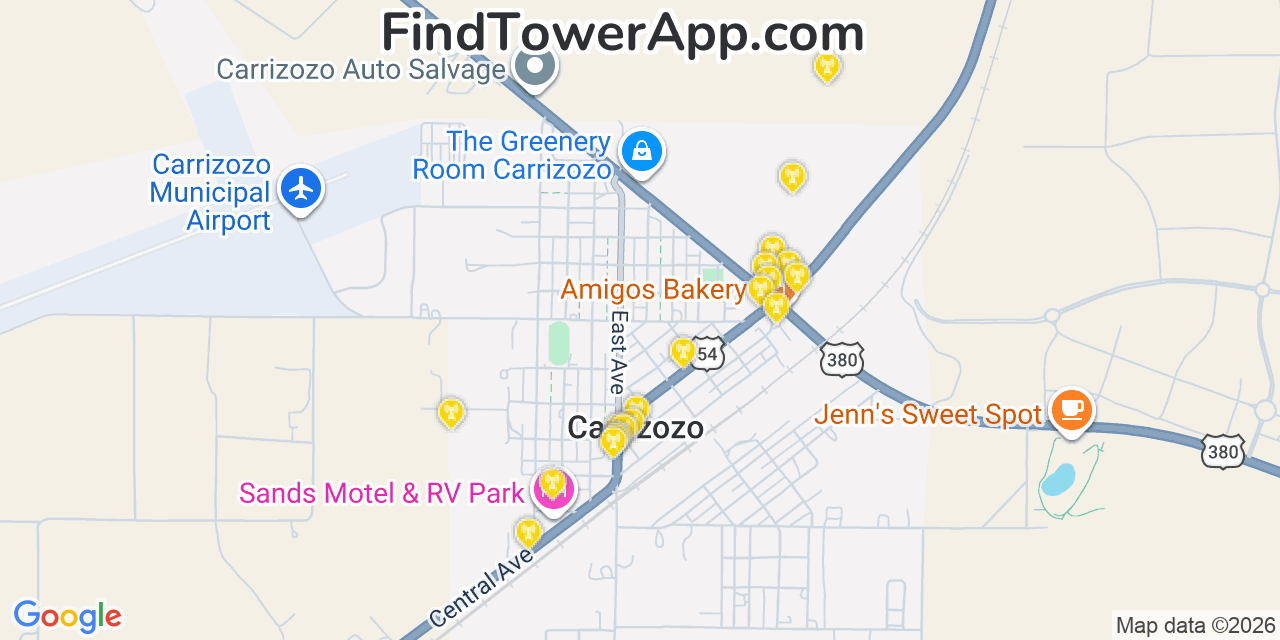 Map showing the 20 primary cell tower locations detected in Carrizozo, New Mexico from AT&T, Verizon, and T-Mobile networks
