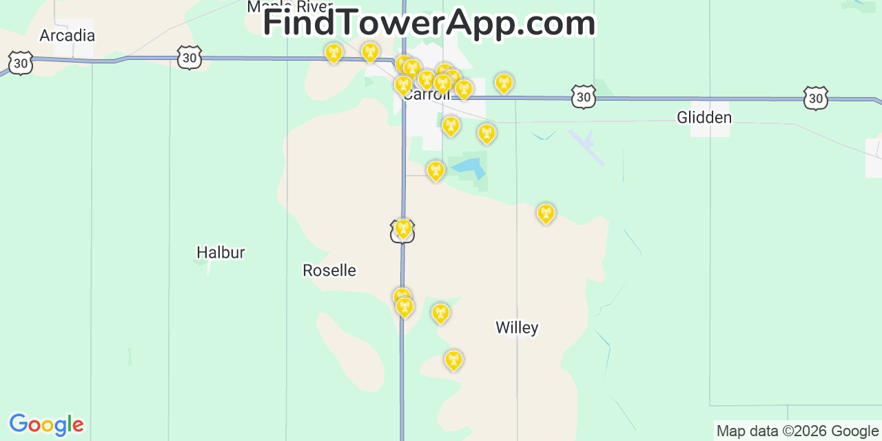 Map showing the 20 primary cell tower locations detected in Carroll, Iowa from AT&T, Verizon, and T-Mobile networks