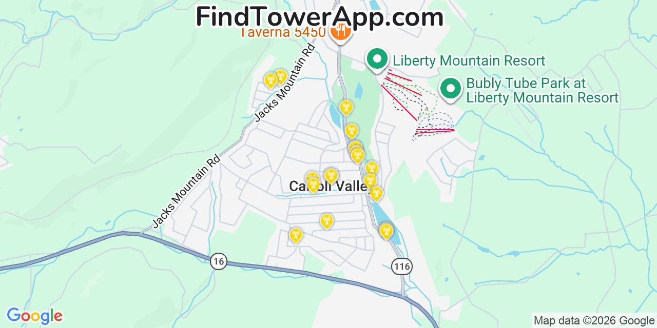 Map showing the 20 primary cell tower locations detected in Carroll Valley, Pennsylvania from AT&T, Verizon, and T-Mobile networks