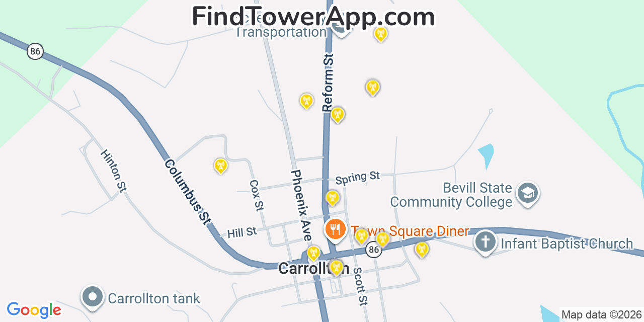 Map showing the 20 primary cell tower locations detected in Carrollton, Alabama from AT&T, Verizon, and T-Mobile networks