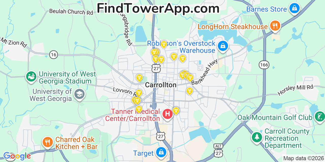 Map showing the 20 primary cell tower locations detected in Carrollton, Georgia from AT&T, Verizon, and T-Mobile networks