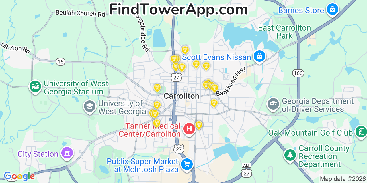 Map showing the 20 primary Mobitel cell tower locations detected in Carrollton, Georgia with coverage radius and signal strength indicators