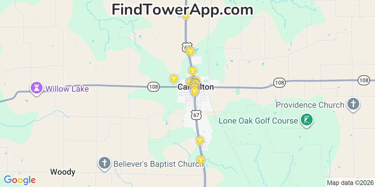 Map showing the 20 primary cell tower locations detected in Carrollton, Illinois from AT&T, Verizon, and T-Mobile networks