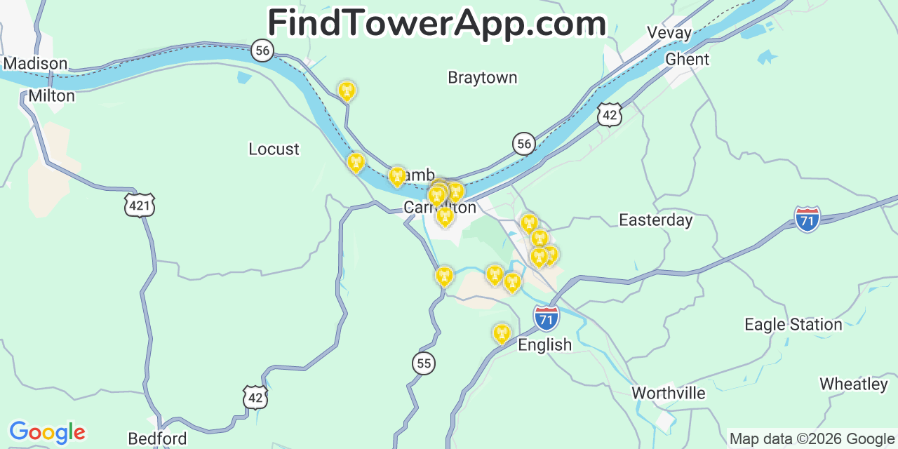 Map showing the 20 primary cell tower locations detected in Carrollton, Kentucky from AT&T, Verizon, and T-Mobile networks