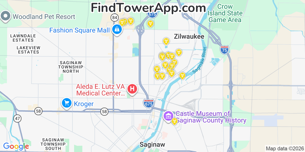 Map showing the 20 primary cell tower locations detected in Carrollton, Michigan from AT&T, Verizon, and T-Mobile networks