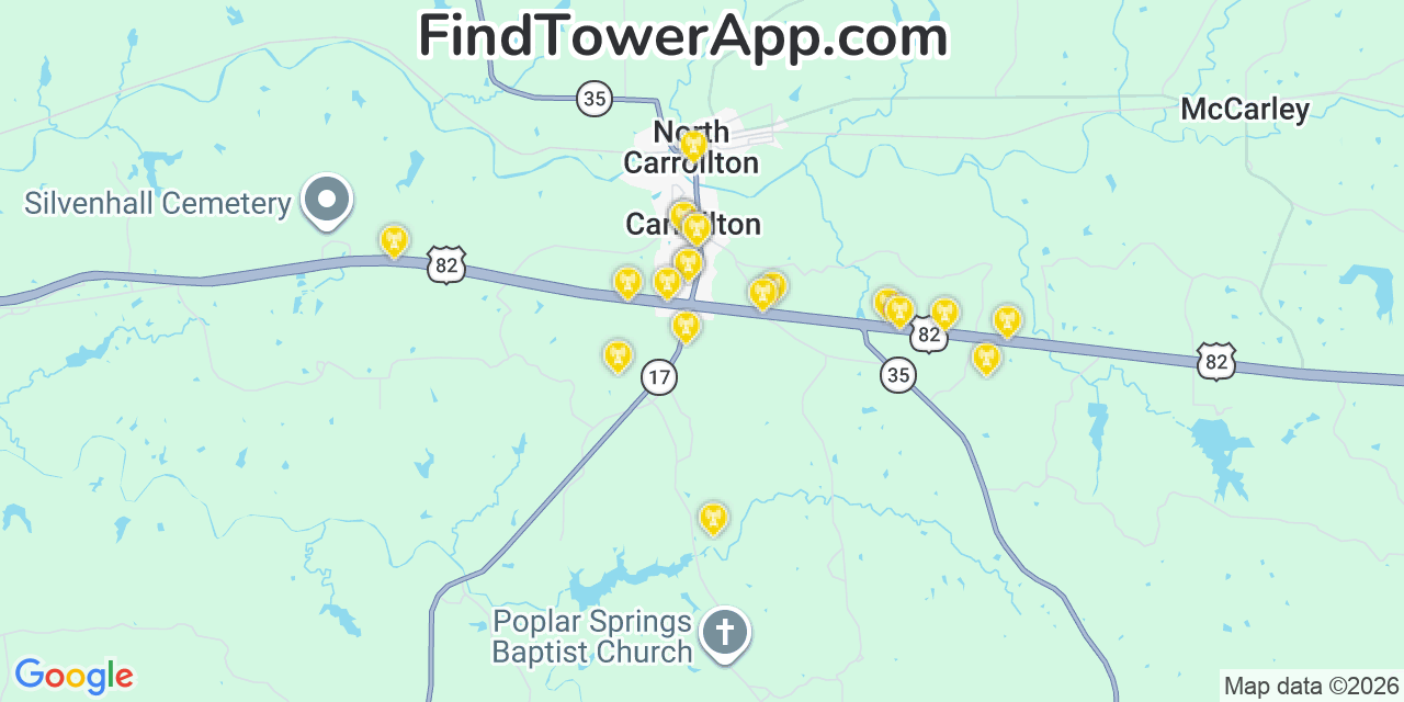 Map showing the 20 primary cell tower locations detected in Carrollton, Mississippi from AT&T, Verizon, and T-Mobile networks