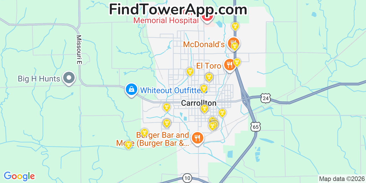 Map showing the 20 primary cell tower locations detected in Carrollton, Missouri from AT&T, Verizon, and T-Mobile networks
