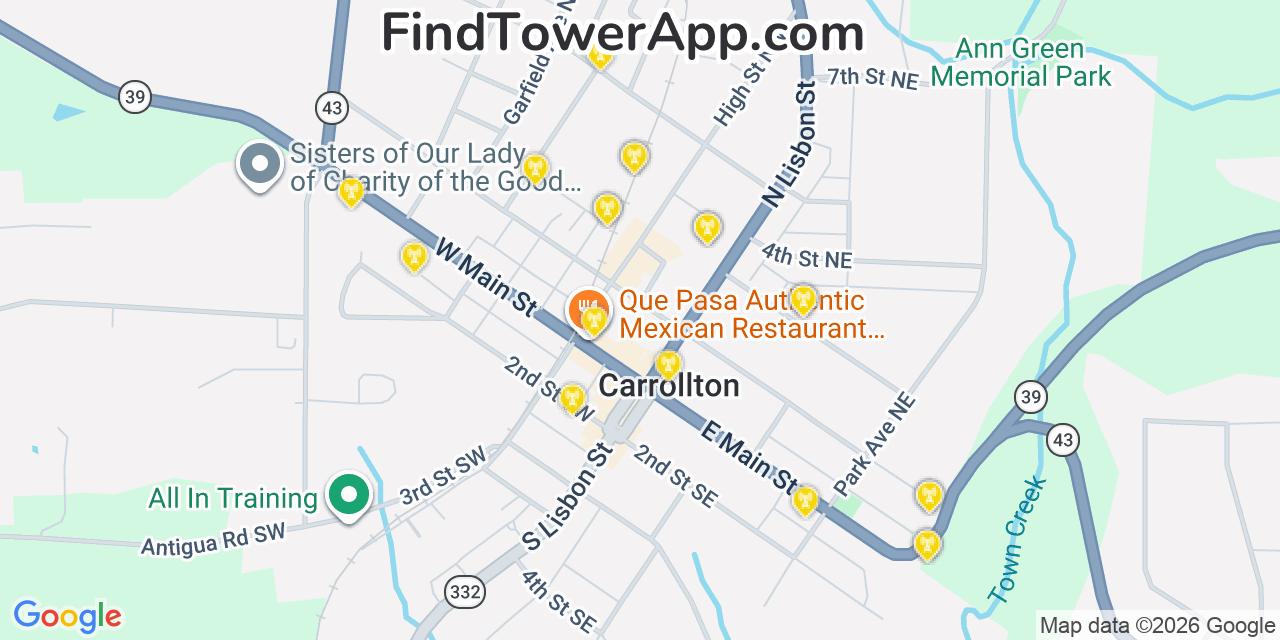 Map showing the 20 primary cell tower locations detected in Carrollton, Ohio from AT&T, Verizon, and T-Mobile networks