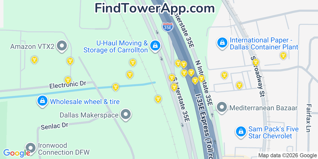 Map showing the 20 primary cell tower locations detected in Carrollton, Texas from AT&T, Verizon, and T-Mobile networks