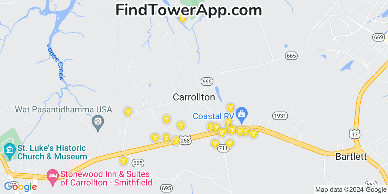 AT&T 4G/5G cell tower coverage map Carrollton, Virginia