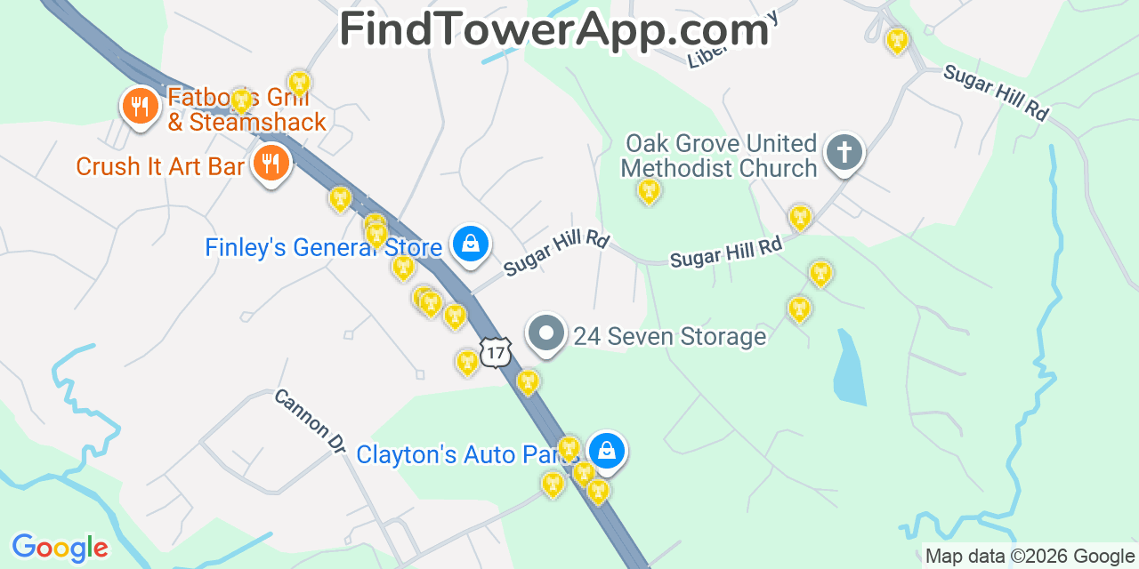 Map showing the 20 primary cell tower locations detected in Carrollton, Virginia from AT&T, Verizon, and T-Mobile networks