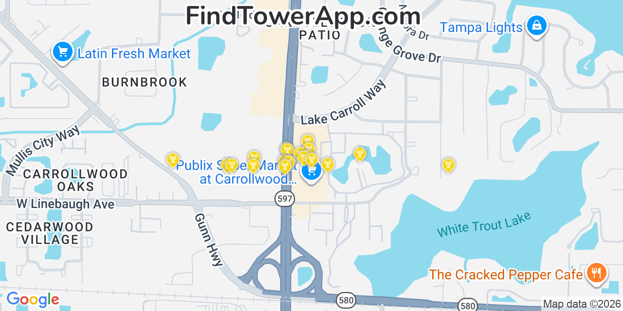 Map showing the 20 primary cell tower locations detected in Carrollwood, Florida from AT&T, Verizon, and T-Mobile networks
