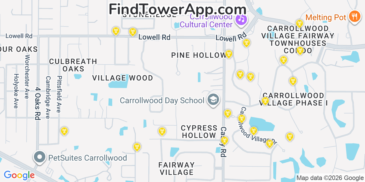 Map showing the 20 primary cell tower locations detected in Carrollwood Village, Florida from AT&T, Verizon, and T-Mobile networks