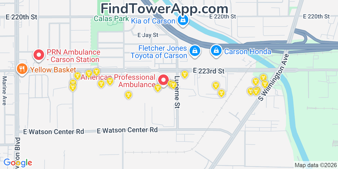 Map showing the 20 primary cell tower locations detected in Carson, California from AT&T, Verizon, and T-Mobile networks