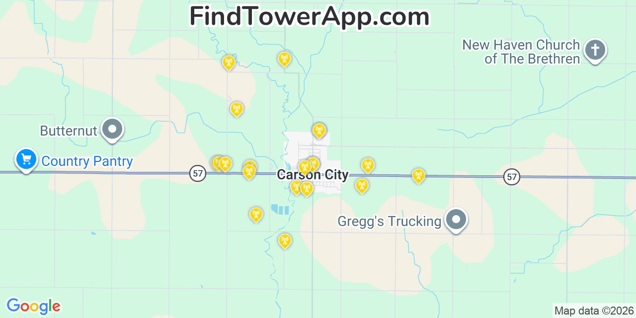 Map showing the 20 primary cell tower locations detected in Carson City, Michigan from AT&T, Verizon, and T-Mobile networks