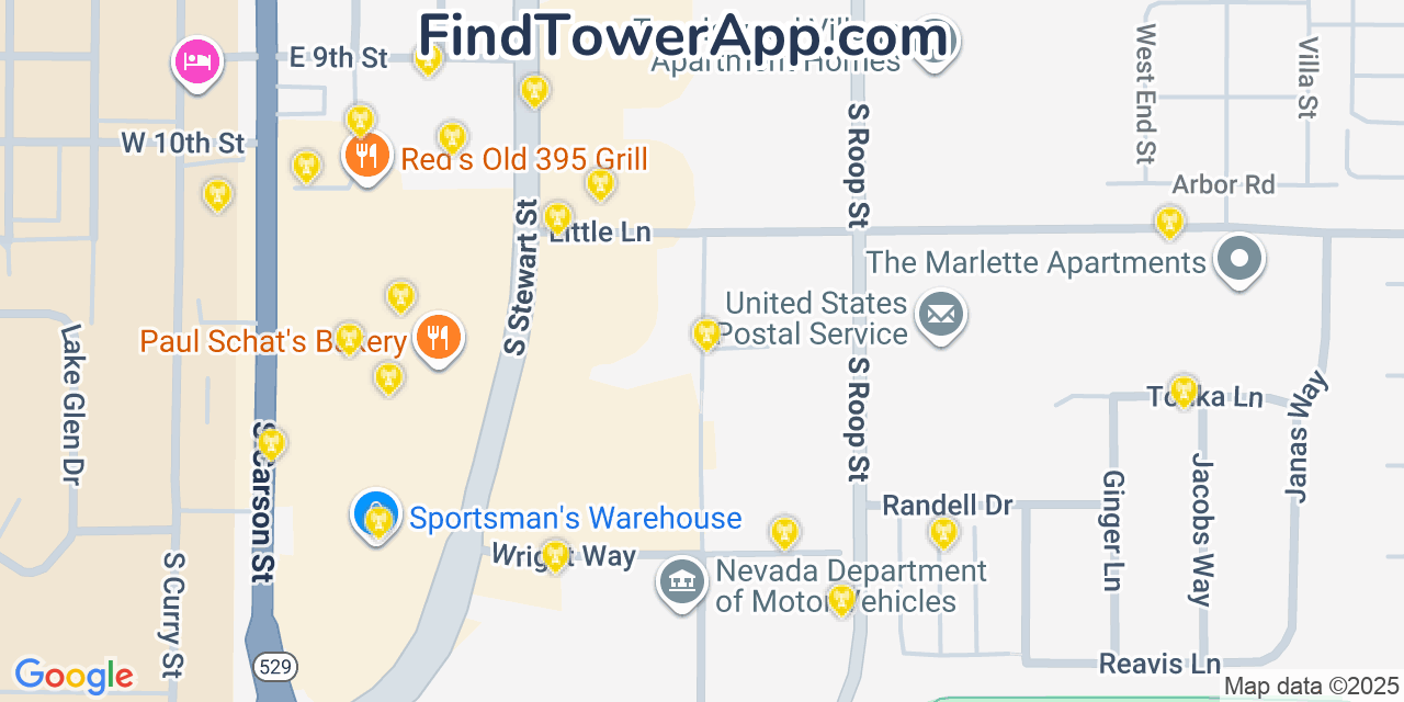Map showing the 20 primary cell tower locations detected in Carson City, Nevada from AT&T, Verizon, and T-Mobile networks