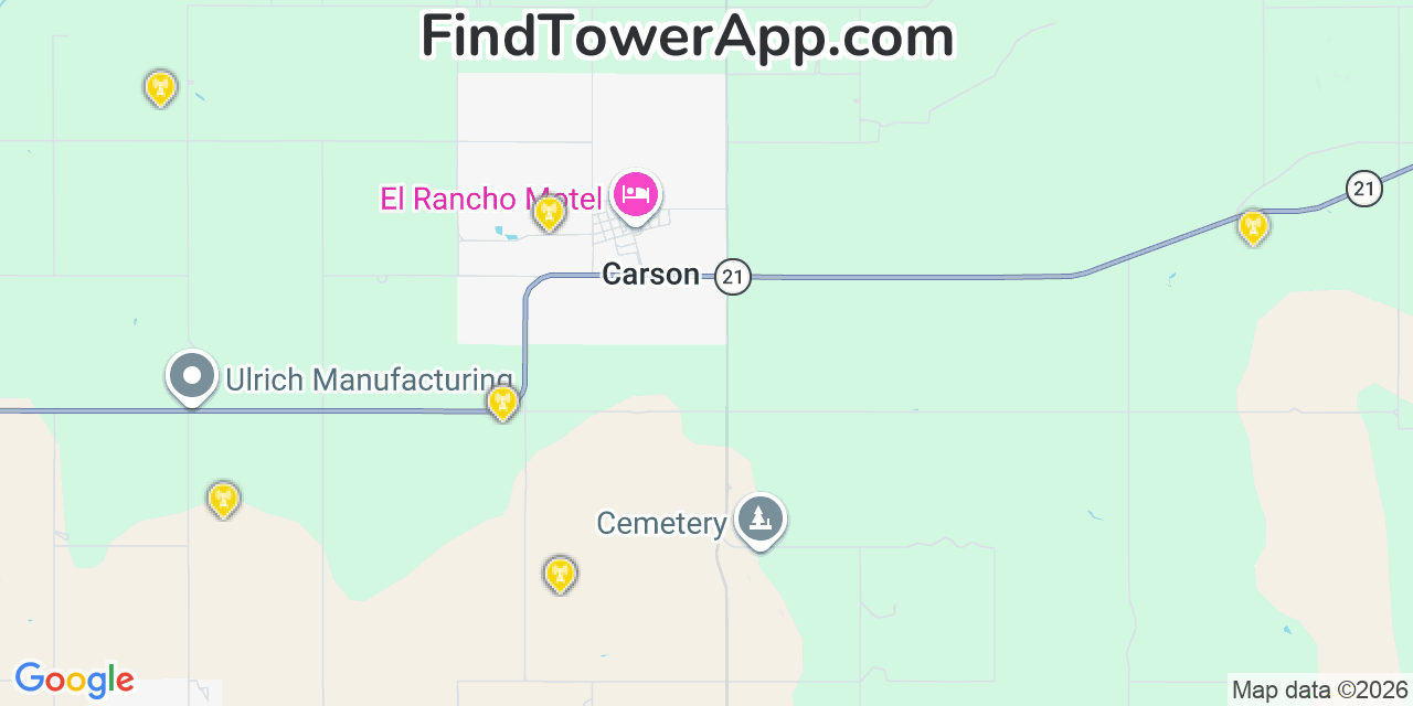 Map showing the 20 primary cell tower locations detected in Carson, North Dakota from AT&T, Verizon, and T-Mobile networks