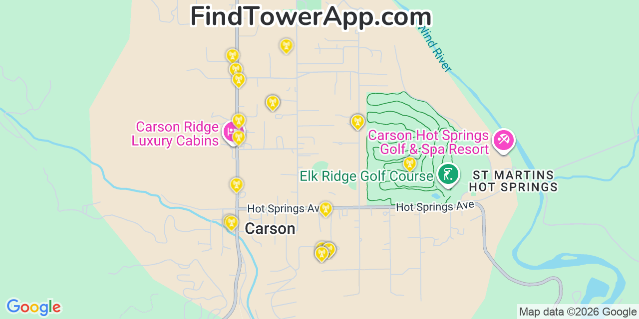 Map showing the 20 primary cell tower locations detected in Carson, Washington from AT&T, Verizon, and T-Mobile networks