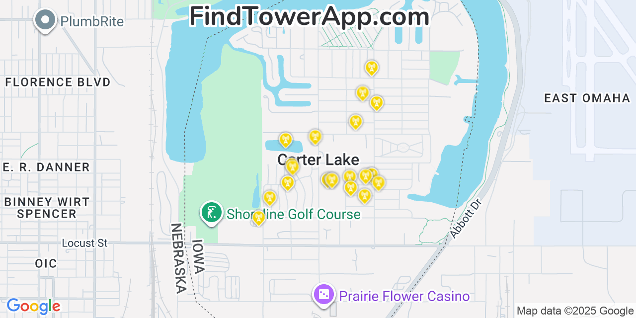 Map showing the 20 primary cell tower locations detected in Carter Lake, Iowa from AT&T, Verizon, and T-Mobile networks