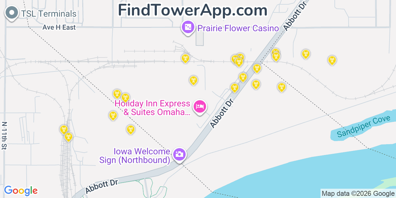 Map showing the 20 primary cell tower locations detected in Carter Lake, Iowa from AT&T, Verizon, and T-Mobile networks