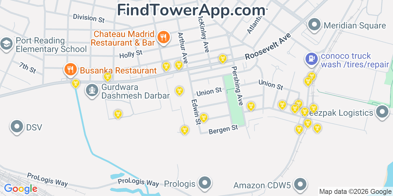 Map showing the 20 primary cell tower locations detected in Carteret, New Jersey from AT&T, Verizon, and T-Mobile networks