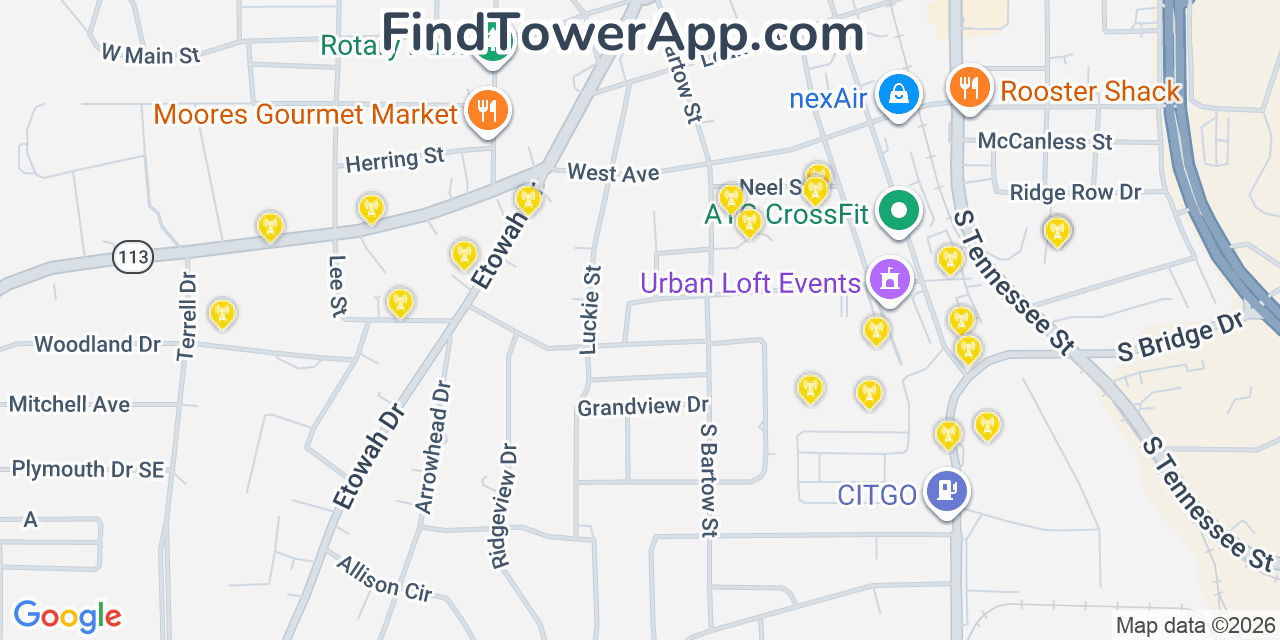 Map showing the 20 primary cell tower locations detected in Cartersville, Georgia from AT&T, Verizon, and T-Mobile networks