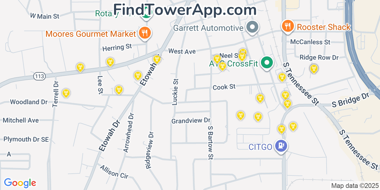 Map showing the 20 primary Mobitel cell tower locations detected in Cartersville, Georgia with coverage radius and signal strength indicators