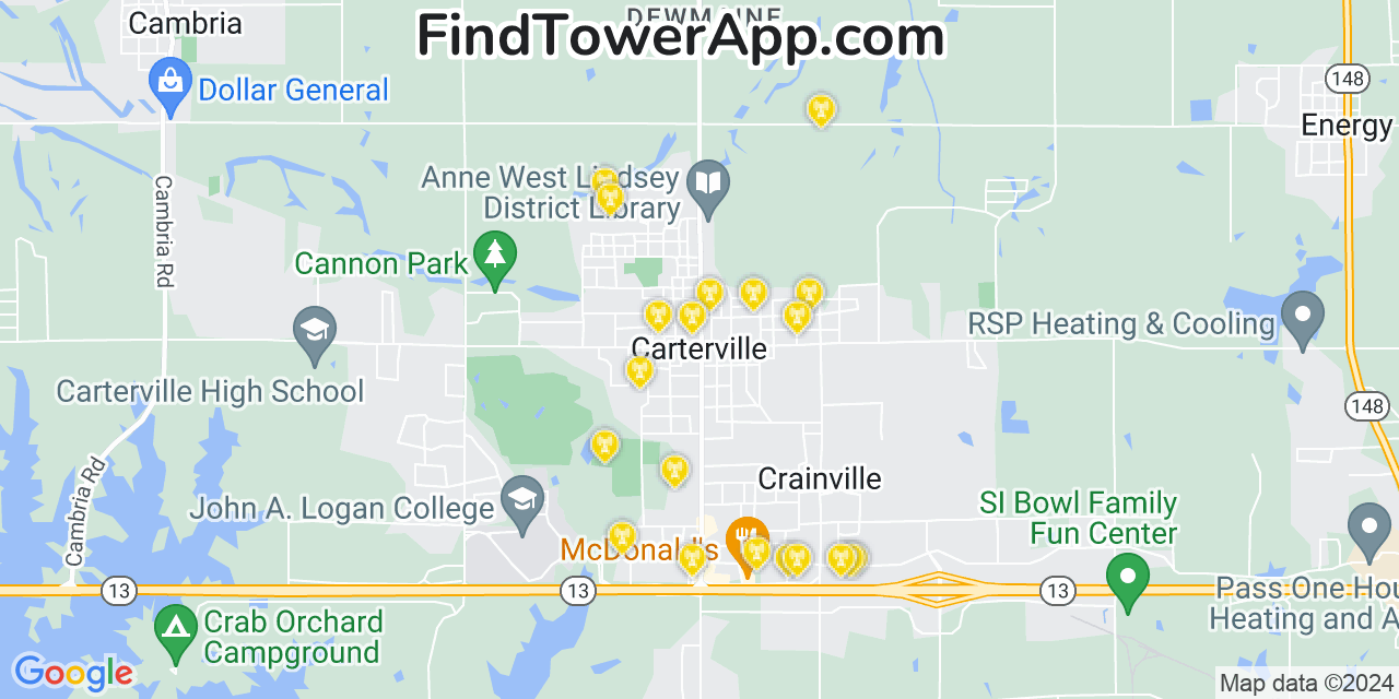 AT&T 4G/5G cell tower coverage map Carterville, Illinois