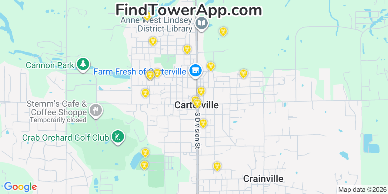 Map showing the 20 primary cell tower locations detected in Carterville, Illinois from AT&T, Verizon, and T-Mobile networks
