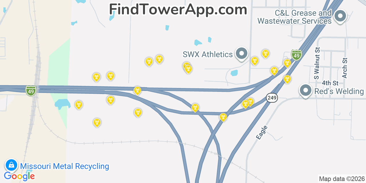 Map showing the 20 primary cell tower locations detected in Carterville, Missouri from AT&T, Verizon, and T-Mobile networks