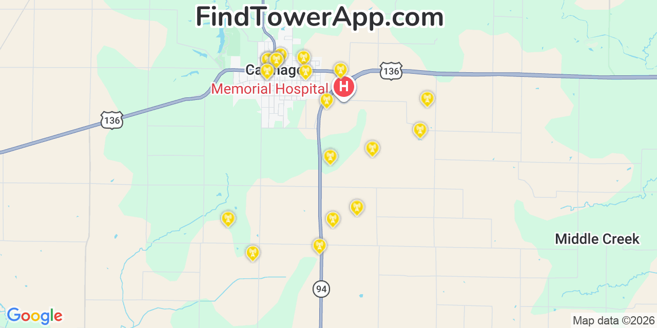 Map showing the 20 primary cell tower locations detected in Carthage, Illinois from AT&T, Verizon, and T-Mobile networks